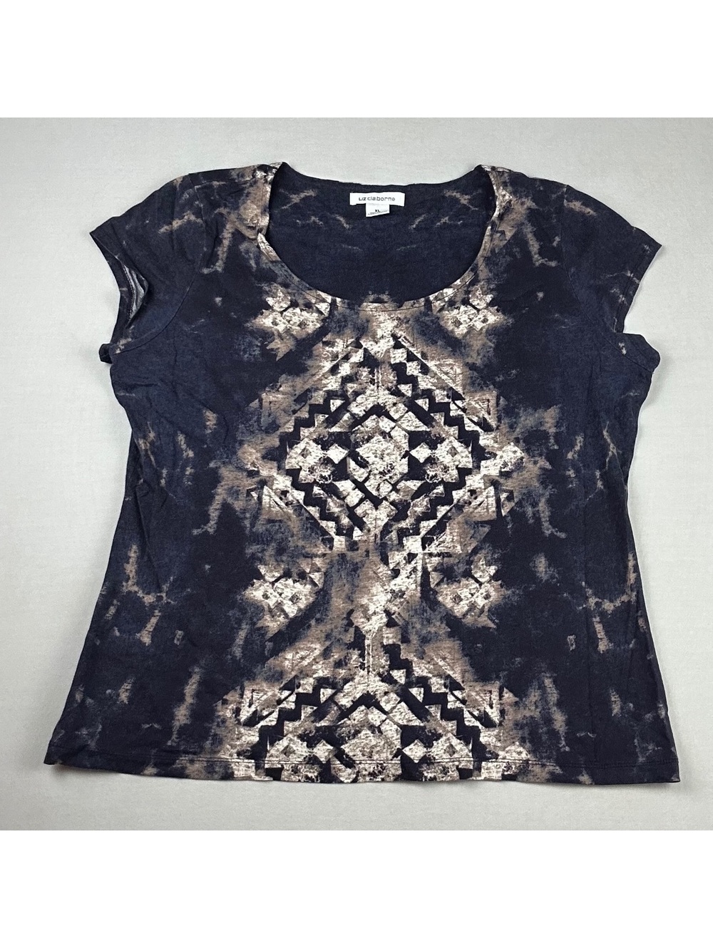 Vintage Y2K Liz Claiborne Brand Navy Geometric Pattern Short-Sleeve Tee Women XL